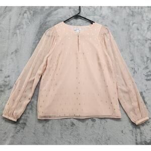 Nine West Top Womens M Orange Peach Gold Foil Speck Chiffon Keyhole Long Sleeve